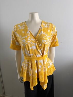MICHAEL Michael Kors Yellow Floral Wrap Peplum Blouse
